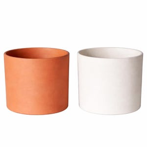 Può includere: Due vasi cilindrici. Uno è color terracotta e l'altro bianco. Entrambi hanno una finitura liscia e opaca e un design semplice e moderno. Adatti per uso interno o esterno. Altezza circa 15 cm.