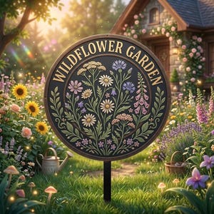 May include: A round, black metal sign with the words "WILDFLOWER GARDEN" in gold lettering. The sign features a detailed floral design in cream, pink, purple, and green. The sign is mounted on a black post in a garden setting.