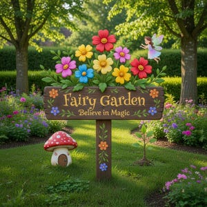 Fairy Garden Metal Sign with Flowers, Believe in Magic Decor, Cute Outdoor Garden Sign, Whimsical Yard Gift