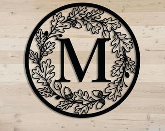 Personalized Monogram Metal Sign, Oak Leaf Wreath Initial Wall Decor, Custom Family Letter Sign, Farmhouse Metal Wall Art