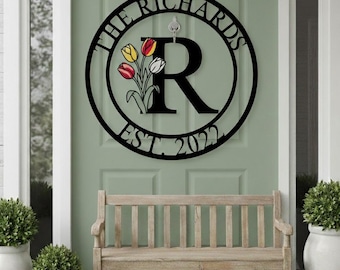 Personalized Tulip Monogram Metal Sign, Custom Family Name Initial Door Decor, Established Plaque