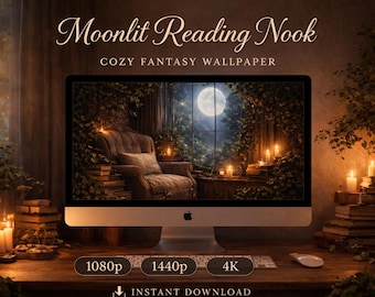 Fondo de pantalla de escritorio de fantasía acogedora, rincón de lectura a la luz de la luna, estética mística, fondo de pantalla oscuro y femenino para PC, descarga digital