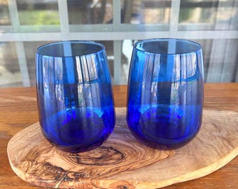 Vintage Cobalt Blue Stemless Wine Glasses | Blue Tumblers| Set of 2