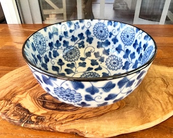Vintage Japanese Noodle Bowl | Indigo Floral Pattern | Kiku Karakusa