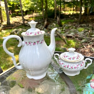 Vintage Porcelain Teapot and Sugar Bowl Set | Pink Roses | Czech Republic