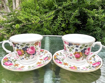 Vintage Pink Rose Floral Teacup and Saucer Set | Crown Trent | England | Set of 2