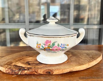 Vintage Mid Century Porcelain Lidded Sugar Bowl | Spring Flowers