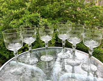 Vintage Etched Crystal Wine Glasses | Elegant Stemware | Set of 6