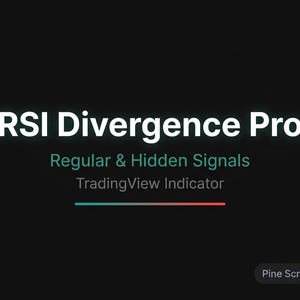 May include: Dark background with the text "RSI Divergence Pro" in white. Below, it reads "Regular & Hidden Signals TradingView Indicator." A horizontal line transitions from teal to red. The text "Pine Script v6" is in the bottom right.