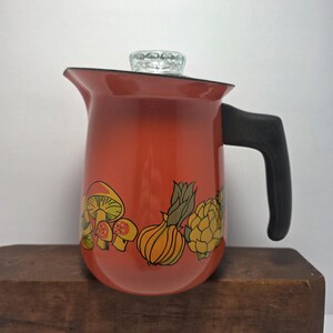 Vintage Red Enamelware Coffee Pot Percolator Vegetable Mushroom Design Glass Knob Retro Kitchen