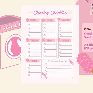 Könnte beinhalten: Eine digitale Reinigungs-Checkliste mit einer rosa Waschmaschine, einem rosa Mülleimer und einem rosa Staubwedel. Die Checkliste enthält Abschnitte von Montag bis Sonntag sowie eine Liste für benötigte Produkte, verziert mit kleinen rosa Sternen.