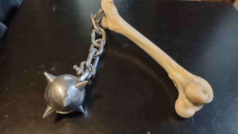 May include: A medieval-style weapon featuring a bone handle and a spiked metal ball connected by a chain. The bone is light brown, and the ball is silver. The chain is made of silver links. The weapon is likely a mace.