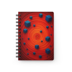 May include: Spiral-bound notebook featuring a vibrant abstract design. The cover showcases a red background with concentric circles and scattered blue cubes. The spiral binding is black.