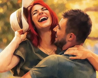 Retrato personalizado de casal em aquarela, pintura em tela ou emoldurada, presente de aniversário, presente para noivos, pintura personalizada a partir de foto.