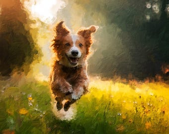 写真から作成するカスタムペット油絵肖像画（額装済みおよびキャンバスプリント）、犬のメモリアルアート