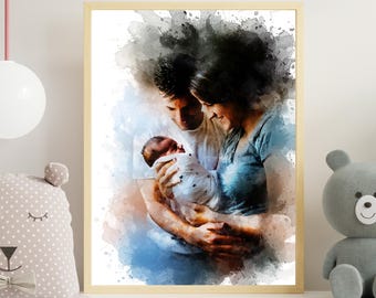 Retrato de família personalizado em aquarela a partir de foto: Arte em tela para parede