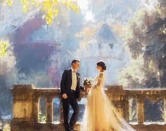 Pintura al óleo a partir de una fotografía, retrato personalizado impreso en lienzo o enmarcado, regalo perfecto para parejas de recién casados, regalos de aniversario, regalos de boda.