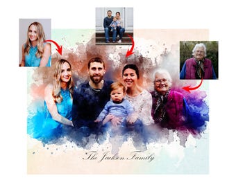 Retrato familiar a partir de una foto, regalo personalizado de pintura conmemorativa, impresión de pintura de retrato personalizada, combinación de fotos de miembros de la familia