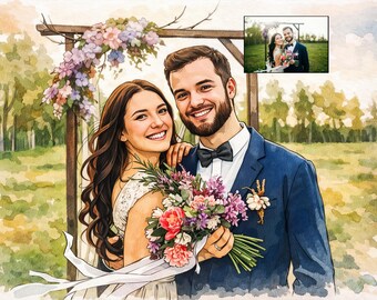 Retrato de pareja en acuarela personalizado: regalo de aniversario, boda, San Valentín.