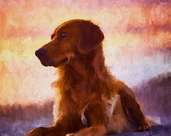 May include: An oil painting of a golden retriever dog lying down, set against a vibrant sunset sky. The dog is rendered in warm brown tones, with a soft, textured appearance. The background features a blend of orange, pink, and purple hues, creating a serene and artistic scene.