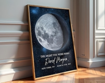 Lámina personalizada con fases lunares, póster con fecha de nacimiento y cielo nocturno (enmarcado)