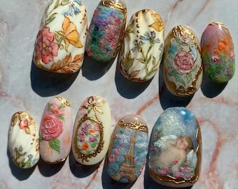 Handmade Rococo Press On Nails | Floral & Cherub Art, Gold Frame