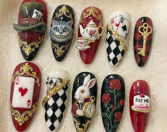 3D Alice in Wonderland Press On Nails | Mad Hatter Tea Party