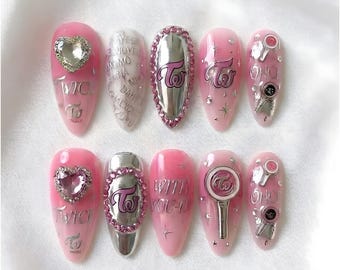 TWICE World Tour Press On Nails | 3D Candybong Lightstick, Pink Chrome, Heart Gems