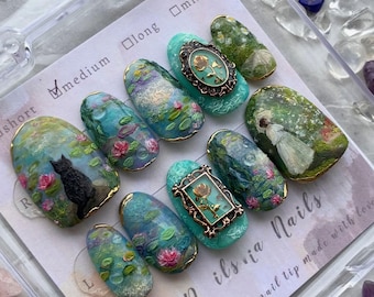Handmade Monet Garden Press On Nails | Victorian Cat & Lady Art