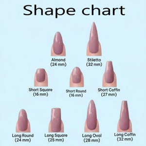 May include: A nail shape chart with eight different nail styles: Almond (0.94 inches), Stiletto (1.26 inches), Short Square (0.63 inches), Short Round (0.63 inches), Short Coffin (1.06 inches), Long Round (0.94 inches), Long Square (0.98 inches), Long Oval (1.10 inches), and Long Coffin (1.26 inches).