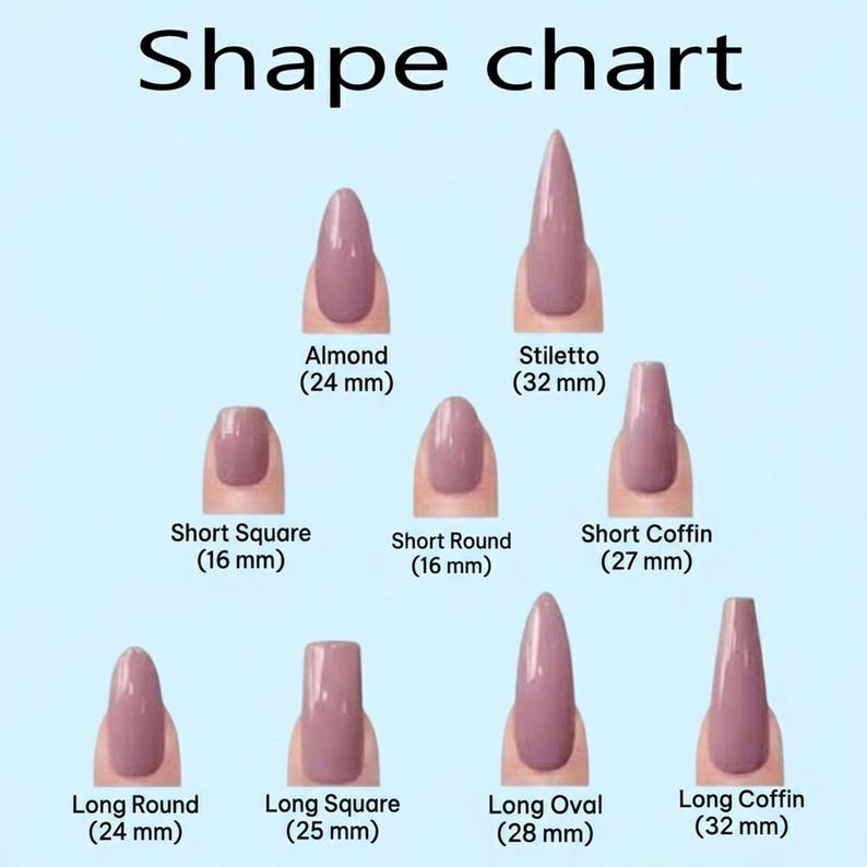 May include: A nail shape chart with eight different nail styles: Almond (0.94 inches), Stiletto (1.26 inches), Short Square (0.63 inches), Short Round (0.63 inches), Short Coffin (1.06 inches), Long Round (0.94 inches), Long Square (0.98 inches), Long Oval (1.10 inches), and Long Coffin (1.26 inches).
