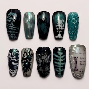 Handmade Dark Gothic Press On Nails, 3D Skeleton Bone Fake Nails, Goth Catacombs Vintage Script Lettering Black Teal, Gift For Her