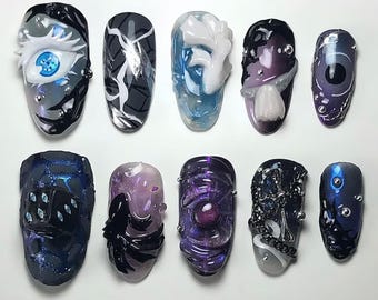 Hand Painted Aventurine Press On Nails | 3D Dice Eye Anime, Gamer Gift