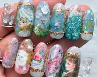 Handmade Impressionist Art Press On Nails | Vintage Pearl Floral Design