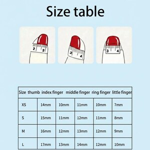 May include: A light blue graphic with the words "Size table" at the top. The image shows how to measure nails with a ruler. A size chart below lists nail sizes in millimeters for thumb, index, middle, ring, and little fingers.