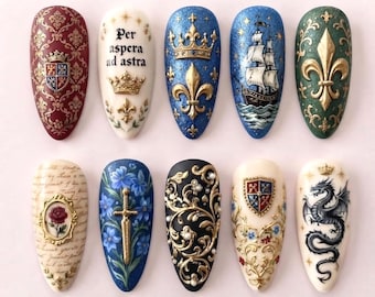 Handgjorda pressnaglar med kunglig drake, 3D-guldvapen och skeppsmotiv, vintage heraldisk estetisk stil, unik lyxig present till henne