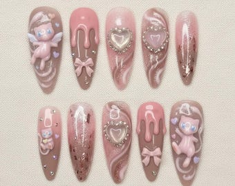 Mew Angel Press On Nails | 3D Cat, Pink Drip, Y2K Glitter, Stiletto Shape