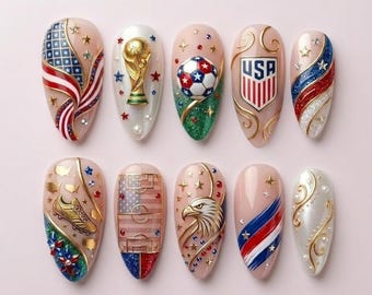 Uñas postizas hechas a mano con el logo de la selección de fútbol de EE. UU., diseño 3D del trofeo de la Copa Mundial, águila con la bandera estadounidense del 4 de julio, regalo de fútbol para ella.
