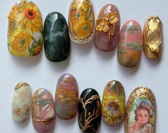 Handmade Fine Art Press On Nails | Van Gogh, Monet, Gold Frame