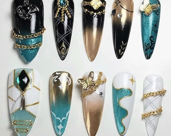 Teal & Gold Anime Press On Nails | Handmade 3D Feather, Wings