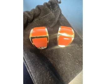 Vintage Christian Dior 1980s Modernist Hoop Clips, Persimmon Enamel & Gold Tone