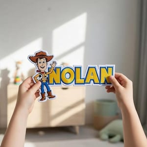 May include: A patch set featuring the character Woody from Toy Story and the name "NOLAN" in yellow letters with a blue border. The Woody patch is in full color, with a brown hat and boots, blue pants, and a yellow shirt. The patches are held up by a child.