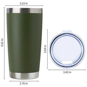 May include: An olive green insulated tumbler with a silver rim and base, and a clear lid. The tumbler is 6.61 inches tall, 3.23 inches wide, and 2.76 inches in diameter. The lid is 3.54 inches in diameter.