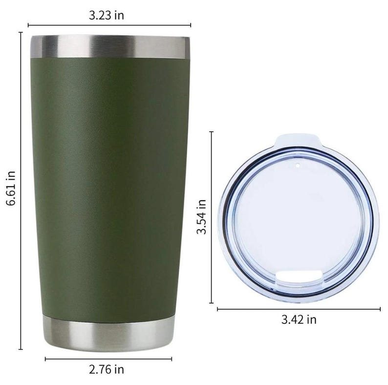 May include: An olive green insulated tumbler with a silver rim and base, and a clear lid. The tumbler is 6.61 inches tall, 3.23 inches wide, and 2.76 inches in diameter. The lid is 3.54 inches in diameter.
