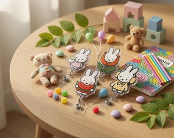 Kawaii Bunny Badge Reel, Cute White Bunny Badge Reel, Matcha Bunny, Tulip Bunny Badge Reel, ID Holder Badge Reel, Gift for Her, Gift for Him