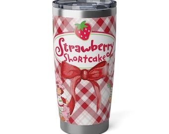 Strawberry Shortcake Curved Tumbler 20oz, Vintage Strawberry Gingham Stainless Steel Cup, Insulated Travel Mug