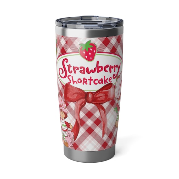 Strawberry Shortcake Curved Tumbler 20oz, Vintage Strawberry Gingham Stainless Steel Cup, Insulated Travel Mug