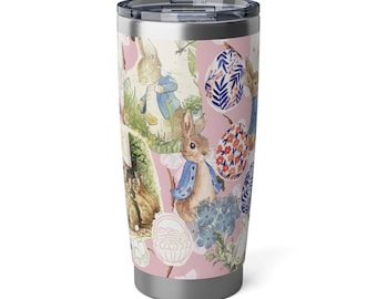 Vintage Storybook Easter Bunny Tumbler, Pink Floral Rabbit Stainless Steel Travel Mug, Cottagecore Insulated Cup
