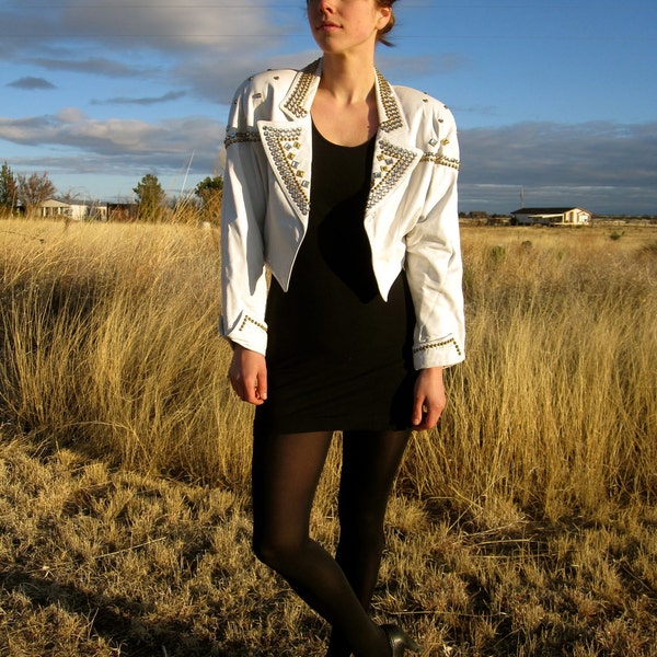 Eighties Leather Bomber- 80s White Leather Jacket with Studs and Sequins