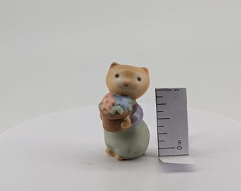Vintage Miniature Cat Figurine Holding Flowers Pastel Ceramic Animal Decor